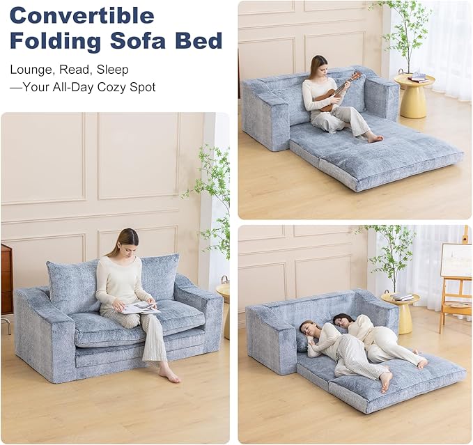 Loveseat Oversized Folding Sofa Bed Convertible Sleeper Chair Bed with Pillows &amp Wide Armrest Comfortable Floor Couch for Living Room &amp Bedroom(Fur Grey) | Foldable