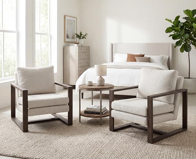 CIMOTA Modern Mid Century Accent Chairs Set of 2 Comfy Armchairs with 8.5 Thick Cushion &amp Armrests Upholstered Reading Lounge Chairs with Walnut Frame for Living Room Bedroom Office Beige