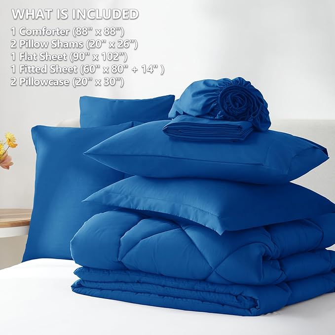 CozyLux Queen Comforter Set Classic Blue - Bed in a Bag Queen Size 7 Pieces Luxury Soft Bed Set for All Seasons Bedding Set with Down Alternative Comforter Sheets Pillowcases &amp Shams