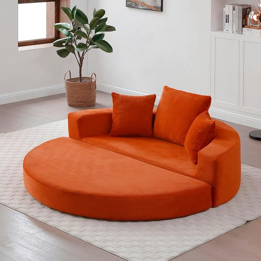 Folding Sofa Bed Corduroy Circular Boneless Couch No Assembly Convertible Sleeper Sofa with 3 Pillow Comfy Futon Sofa Bed for Apartment Office Bedroom Living Room Orange