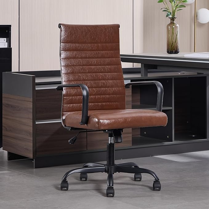 Office Chair Ergonomic Executive Conference Room Chairs Ribbed Leather Desk Chair with Lumbar Support Adjustable Height Mid-Back Swivel Chair with Padded Seat