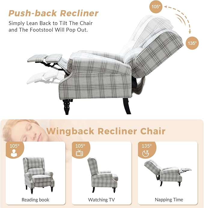 HULALA HOME Upholstered Wingback Recliner Chair Small Adjustable Footrest Push Back Single Reclining Sofa Mid Century Modern Lounge Armchair for Living Room Bedroom Reading/Plaid Grey