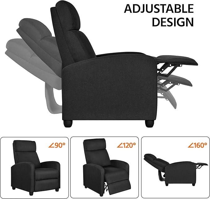 Yaheetech Home Theater Seating Fabric Recliner Chair Modern Single Living Room Reclining Sofa with Pocket Spring Black