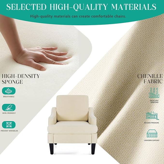 Modern Accent Chair for Bedroom Upholstered Reading Chair with Side Pockets Comfy Living Room Chairs Living Room Armchair for Office Apartment Small Room (Beige)