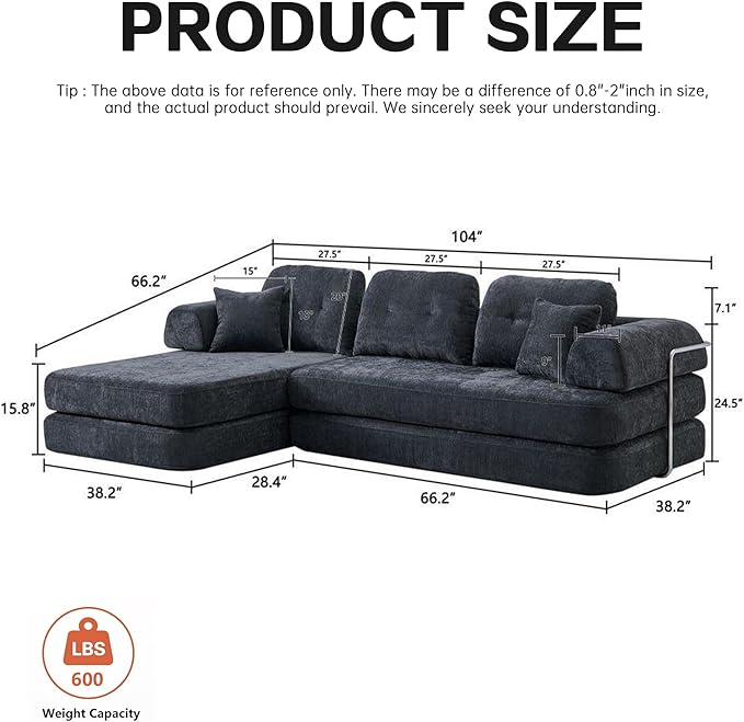 104 Oversized Convertible Sleeper Sofa Bed Chenille L Shape Sectional Couch Folding Sofa Bed with Fixed-Shape Frame Modern Cloud Floor Mattress Couch Modular Sofa for Living Room Dark Grey