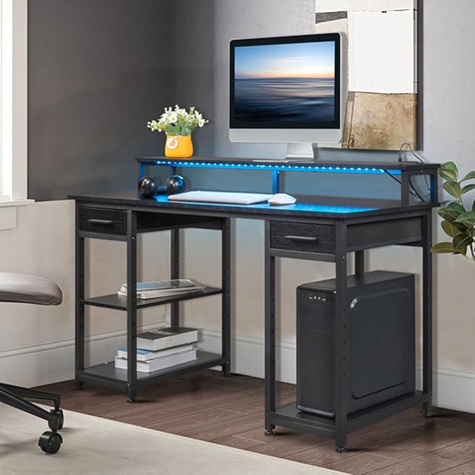 Black Modern Home Office Desk Rustic Computer Desk with Storage Cabinet Wood Home Office Desk with 2 Power Sockets and 2 USB Power Interfa