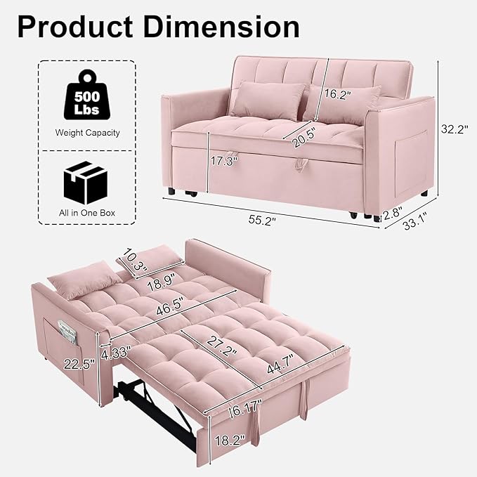 3 in 1 Convertible Sofa Bed Pull Out Couch with Adjustable Backrest Velvet Sleeper Sofa Loveseat with Pillows and Side Pockets for Living Room Bedroom Apartment Pink