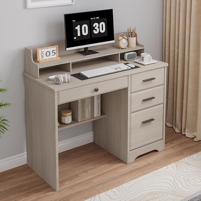 4 EVER WINNER Small Desk with Drawers Computer Desk with File Cabinet &amp Monitor Stand Home Office Desks with Drawers Wood Writing Desk for Bedroom Off White