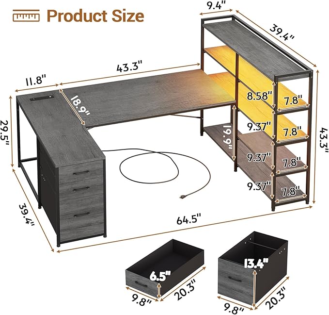 SEDETA Corner Computer Desk Reversible U Shaped Office Desk with 3 Fabric Drawers and Power Outlet Corner Gaming Desk with LED Lights Storage Shelves Grey
