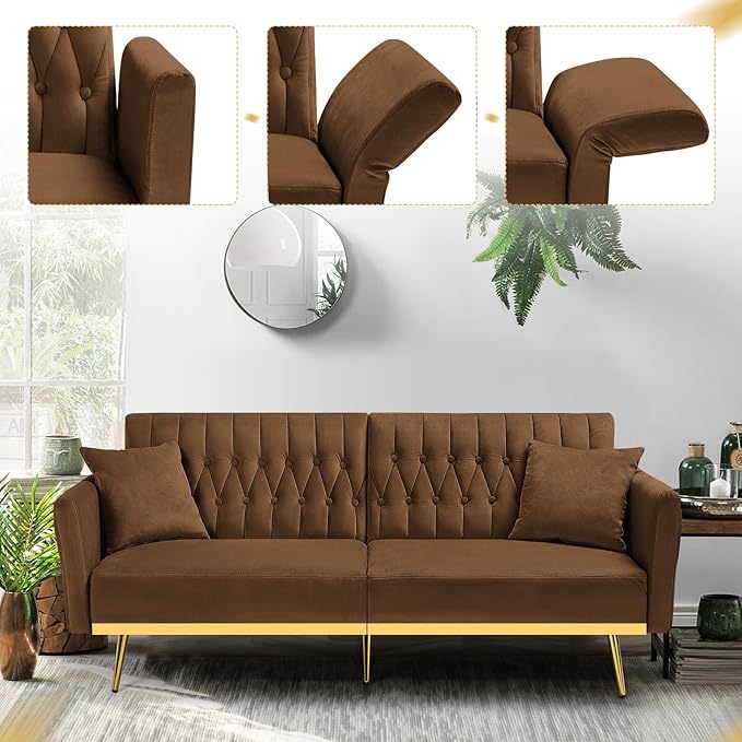70” Velvet Futon Sofa Bed with 2 Pillows and Adjustable Armrests Convertible Sleeper Bed W/Adjustable Backrests Modern Loveseat for Living Room Bedroom Brown