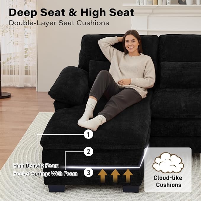 OUYESSIR 114 U Shape Sectional Cloud Couch with OttomanFluffy Sectional Couches for Living Room4 Seater Modular Sectionals SofaComfy Cloud Sofas &amp Couches with 4 PillowsLight Black