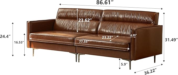 Mid-Century 3-Seater Faux Leather Sofa with Removable Backrest and Cushions Vintage Modern Lounge Couch for Office Apartment Living Room Bedroom with Sturdy Metal Legs - 86.61 Inches Brown