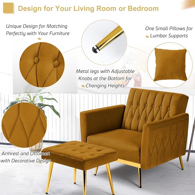 Velvet Accent Chair with Adjustable Armrests and Backrest Button Tufted Lounge Chair Single Recliner Armchair with Ottoman and Pillow for Living Room Bedroom Ginger