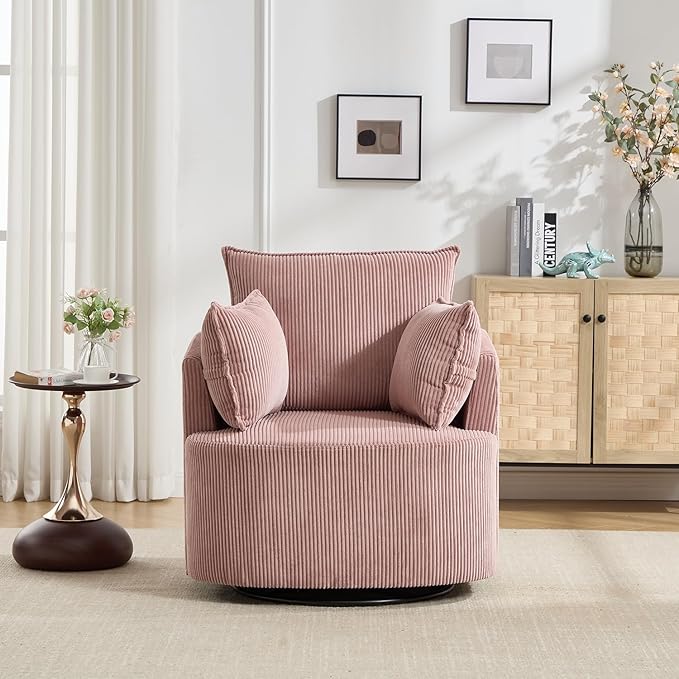 360° Swivel Accent Armchair Chair Pink Swivel Round Barrel Chair with 2 Pillows Upholstered Corduroy Accent Chairs for Living Room Bedroom Reading