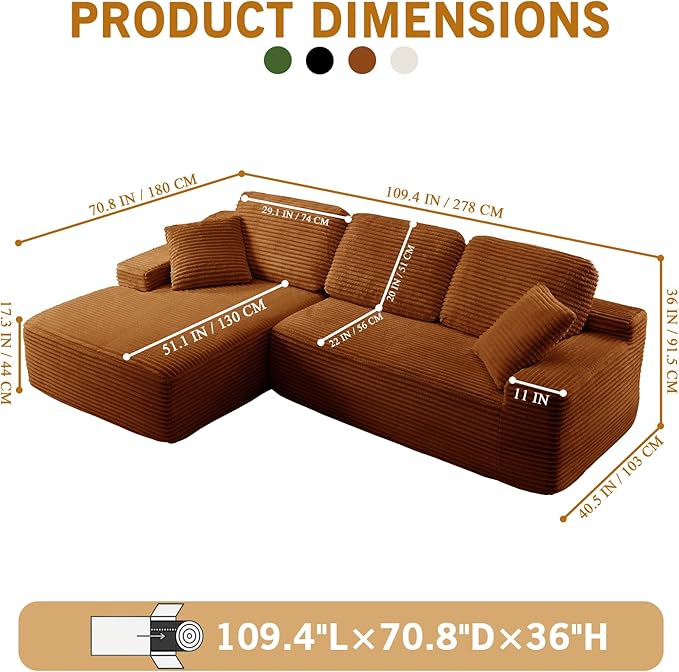 109.4” Modular Sectional Sofa Convertible Sofa Bed No Assembly Required Cloud Couch with Deep Seat Modern L-Shaped Boneless Sofa for Living Room (Orange)