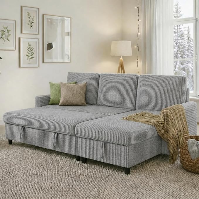 JAMFLY Pull Out Sleeper Sectional Sofa L Shaped Corduroy Couch with Hidden Storage Convertible Sofa Bed for Small Living Rooms and Apartments Light Grey