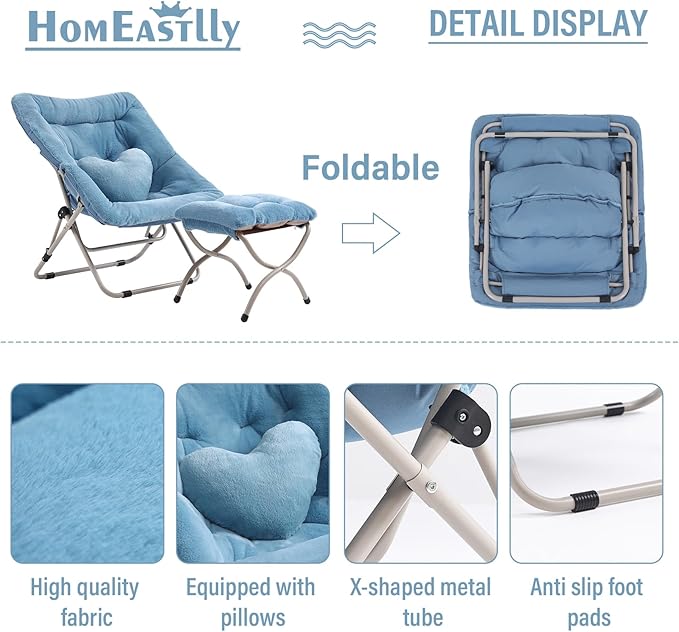 Saucer Chair with Ottoman Comfy Oversized Folding Chair Faux-Fur Reading Chair for Teens Adults Foldable Accent Lazy Chair Metal Frame Chair for Living Room Bedroom Blue