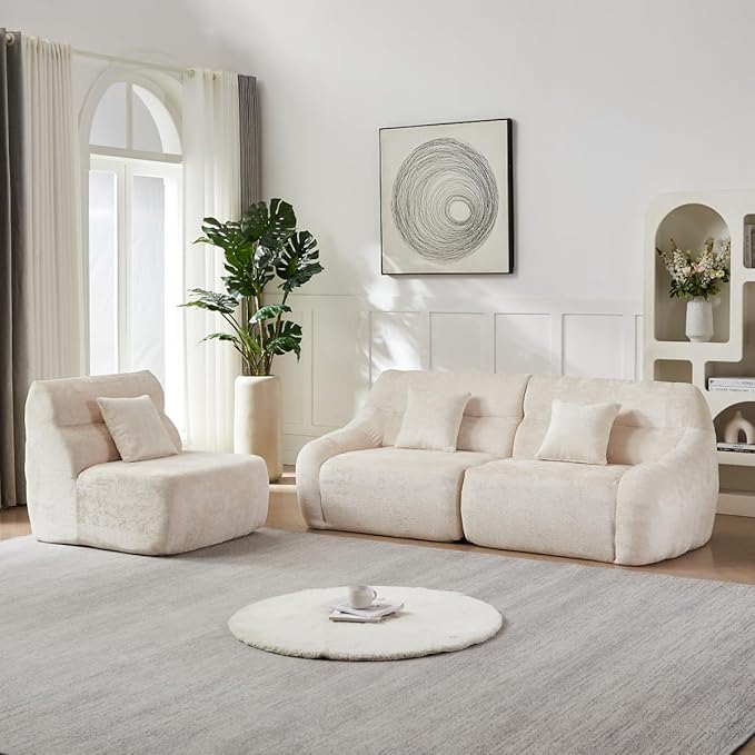 123 L-Shaped Corner Sectional Sofa with Curved Edge Modern Chenille Modular Cloud Couch High Back Oversized 4-Seater with 4 Pillows No Assembly Required Beige