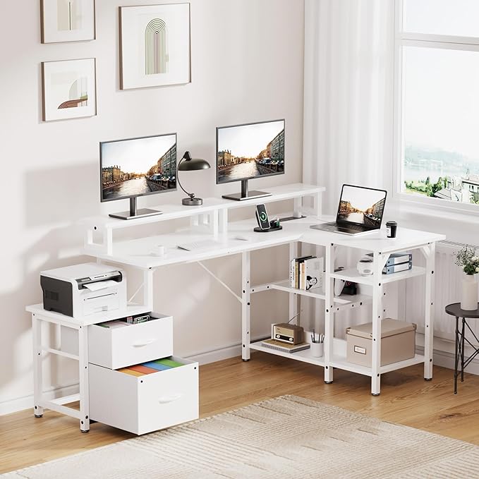 Office Desk L Shape with File Drawers&ampPower OutletYOUNGAR 69.3 Inch Reversible L Shaped Computer DesksCorner L Shape or Long Desk Set up Monitor Stand &ampStorage Shelves LED Lights&ampCPU Sta