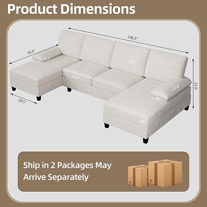 Shintenchi U-Shaped Sectional Couches for Living Room 4 Seat Sofa with Double Chaise LoungesSolid Wood Frame Sectional Sofa for ApartmentWhite