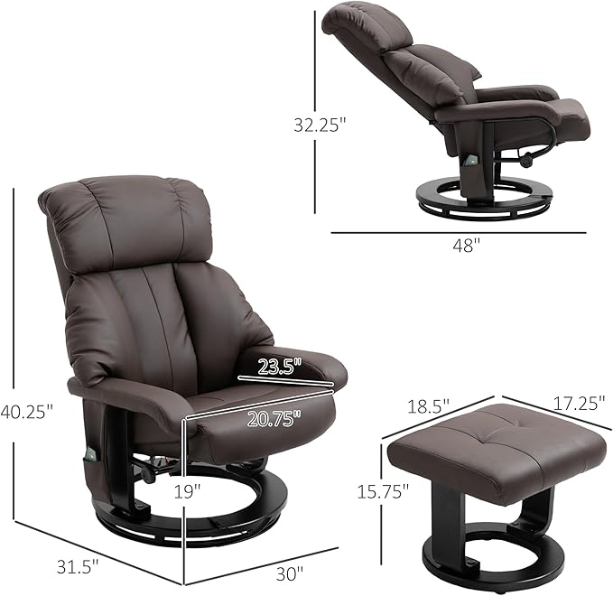 Massage Recliner Chair with Ottoman 10 Vibration Points and 360° Swivel Comfortable Faux Leather Living Room Chair with Side Pocket Brown.