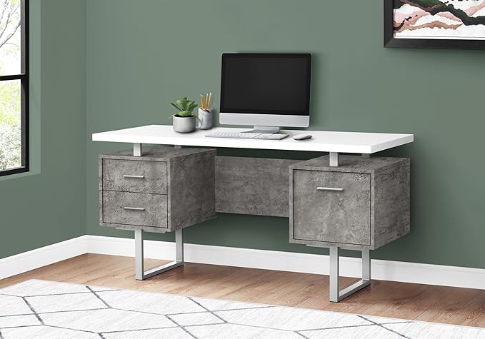 Monarch Specialties I 7633 Computer Desk Home Office Laptop Left Right Set-up Storage Drawers 60 L Work Metal Laminate Grey White Contemporary