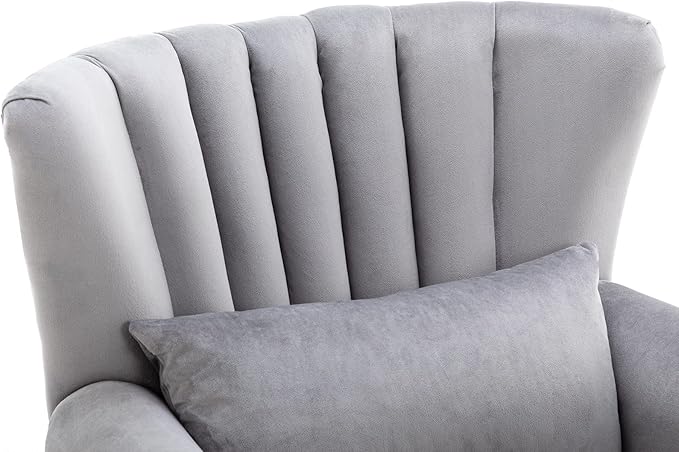 Kmax Grey Accent Chair Velvet Wingback Chair with Pillow Nail-Head Channel Tufted Oversized Club Chair for Living Room Bedroom Guest Room