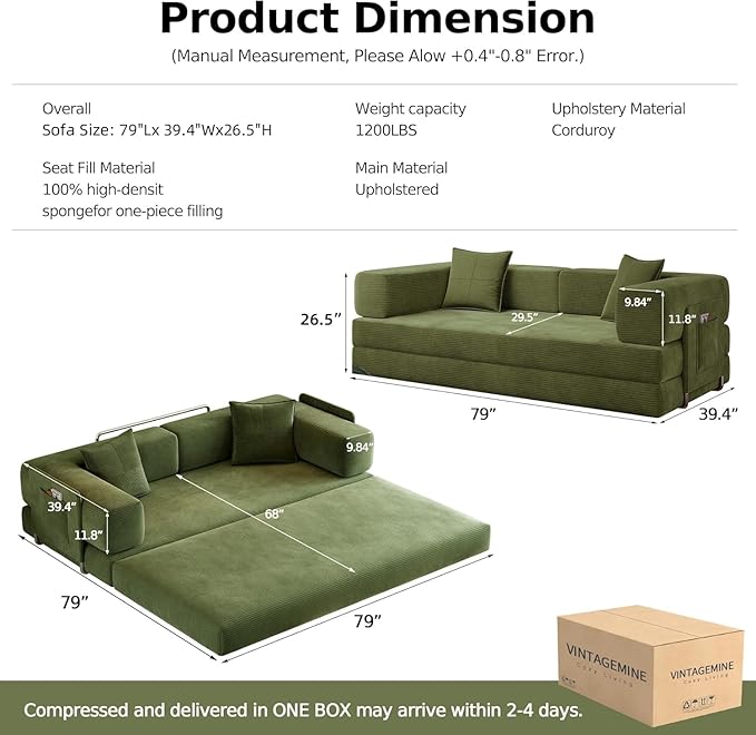 79 Convertible Sofa Bed Corduroy Folding Mattress Couch with Fixed-Shape Frame Boneless Couch for Living Room No Assembly Needed (Green)