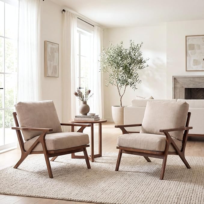 chairus Mid-Century Modern Accent Chairs Set of 2 Comfy Upholstered Lounge Armchairs with Removable Cushions &amp Solid Wood Frame Reading Chairs for Living Room Bedroom Office Beige Denim Fabric