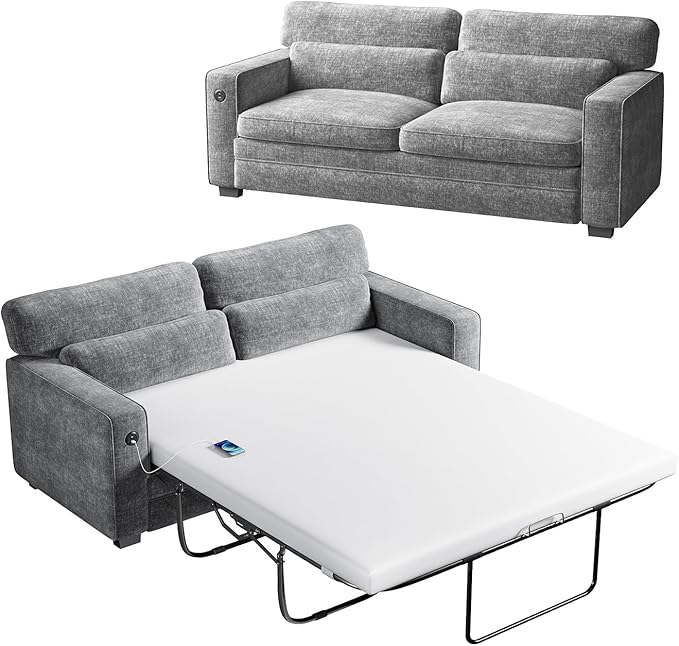 Marsail Pull Out Sofa Bed Queen Size Sleeper Sofa with Memory Foam Mattress 2 USB Charging Ports &amp Removable Covers Chenille Loveseat Couch for Living Room Apartment Light Grey