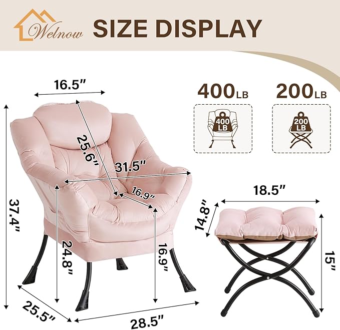 Welnow Lazy Chair with Ottoman Modern Accent Chair with Armrests and a Side Pocket Leisure Sofa Armchair Reading Armchair with Footrest for Small Space Pink