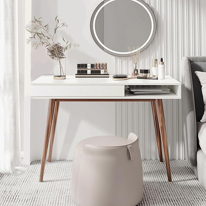 Artswish White Writing Desk with Drawers Mid Century Modern Desk Wood Office Computer Desks for Small Space White Desks with Walnut Legs