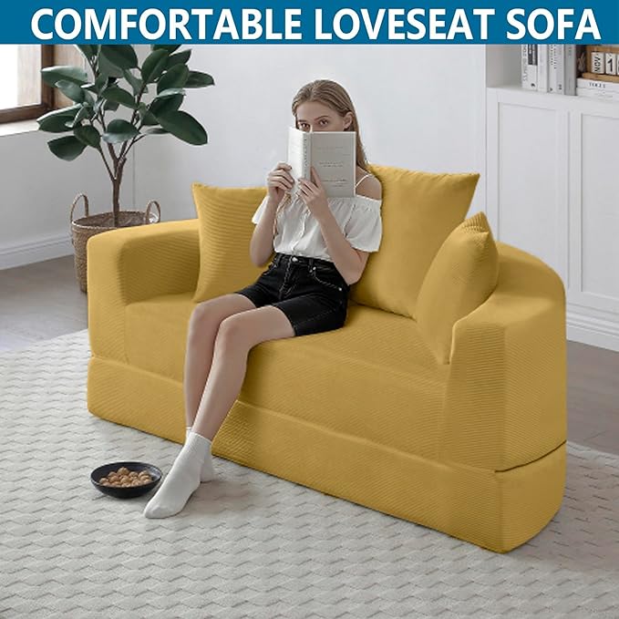 67 Round Convertible Folding Sofa Bed Boneless Couch Loveseat Floor Sleeper Chaise Lounge for Living Room Apartment Dorm Small Spaces Yellow