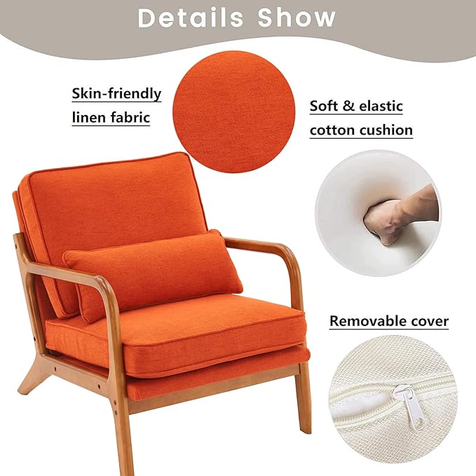 Accent Chair for Living Room Mid-Century Modern Upholstered Armchair with PillowReading Arm ChairComfy Accent Chair for Bedroom
