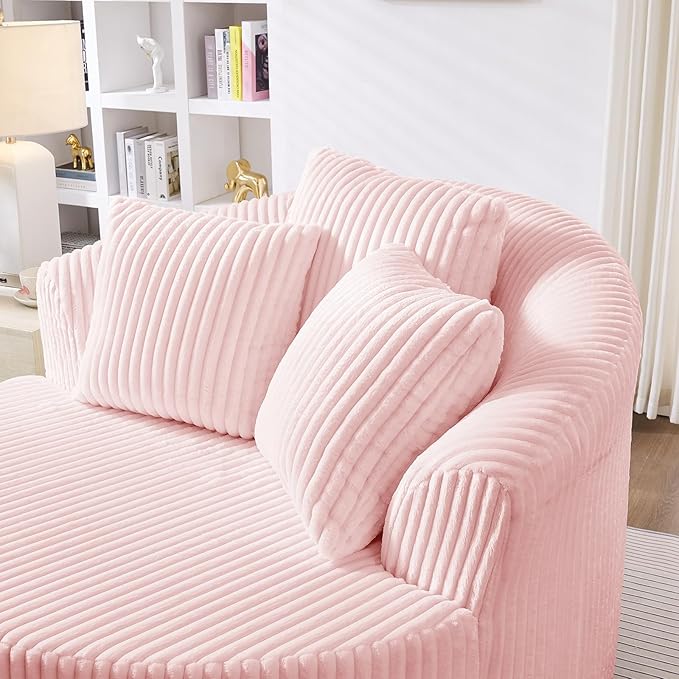 360° Swivel Accent Barrel Chair Corduroy Comfy Round Swivel Chair with Mental Base &amp Pillows Modern Lounge Reading Armchair Upholstered Plush Sofa Chairs for Living Room Bedroom Apartment(Pin