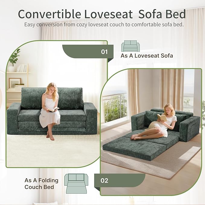Convertible Sofa Bed Pull Out Loveseat Sleeper Couch with Pillows 2 in 1 Foldable Couch Bed with detachable mattress Modern Chenille Floor Futon Sofa with Pillows for Living Room Bedroom (Green)