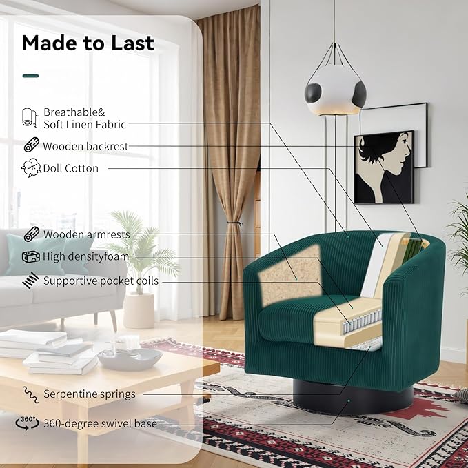 Swivel Accent Chair 360° Swivel Barrel Chair Comfy Upholstered Corduroy Club Armchair for Living Room Reading Room Bedroom (Dark Green)