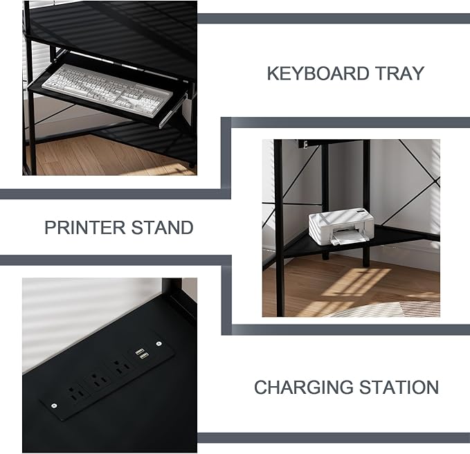 Corner Desk with Hutch and LED Lights Corner Computer Desk with Keyboard Tray and Monitor Stand Small Computer Desk for Small Spaces Home Office