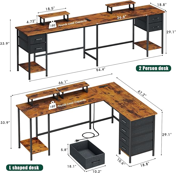 66 L Shaped Computer Desk with Power Outlets Home Office Desk with 4 Adjustable Storage Drawers &amp 2 Monitor Stands Large Two Person Gaming Table for Writing Study Rustic Brown
