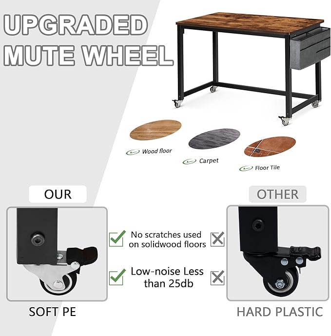 AHB Rolling Computer Desk with 4 Smooth Wheels Simple Style Mobile Writing Desk Home Office Study Table Movable Workstation with Metal Frame (Brown 39'')