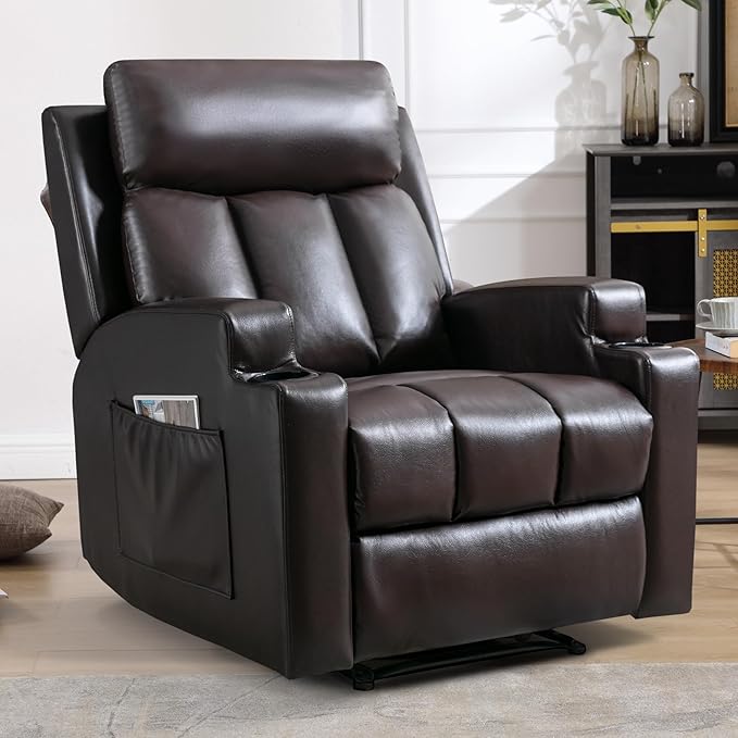 CANMOV Manual Recliner Chair with Massage and HeatBreathable Leather Recliner Chair with Armrest and Backrest Manual Reclining Single Sofa with 2 Cup Holders Side Pocket for Living RoomDark Brown