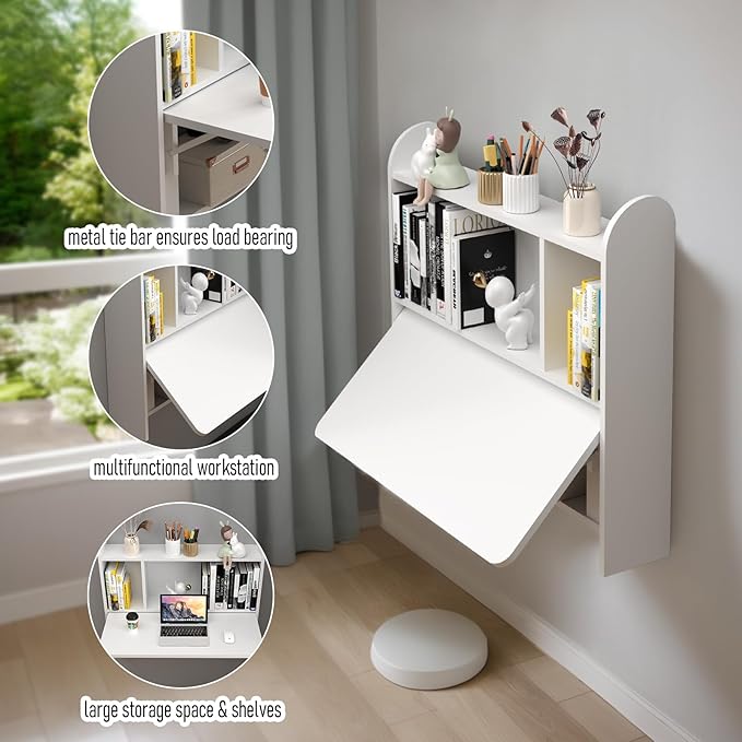Wall Mounted Drop-Leaf Table Floating Laptop Desk Folding Table with Shelves Multifunctional Computer Workstation with Storage Compartments in Home Office for Space Saving (White)