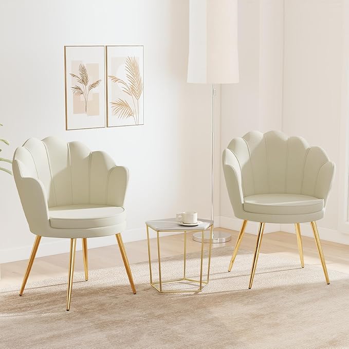 Furniliving Velvet Vanity Chair Shell Accent Chair for Living Room Upholstered Accent Chair with Gold Metal Legs Makeup Chair for Vanity Armchair Guest Chairs Side Chair for Bedroom (Khaki 1)