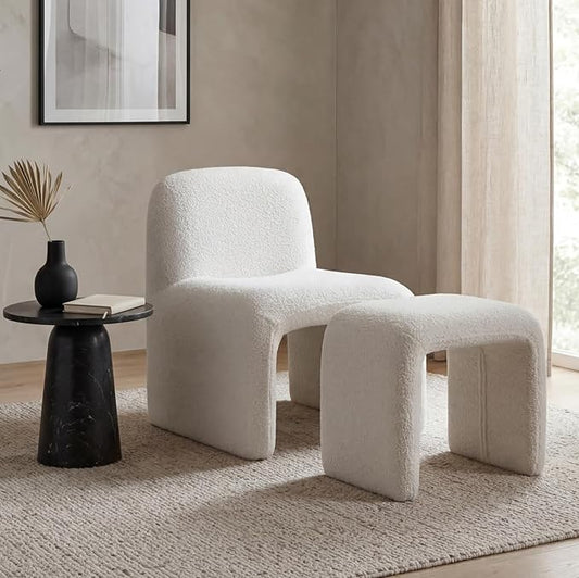 Modern Accent Living Room Chair with Ottoman Upholstered Boucle Lounge Chair Set Comfy Side Reading Chair for Living Room Bedroom Apartment Office White