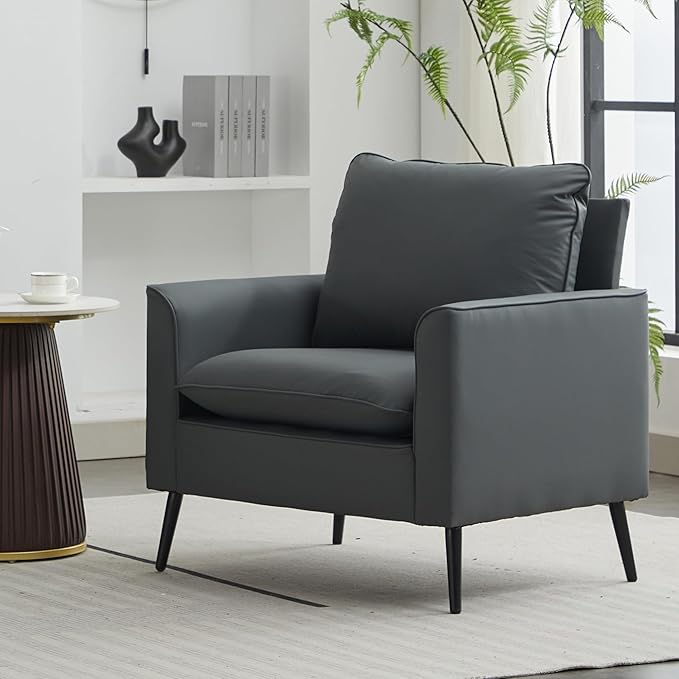 YISHENG Mid-Century Modern Living Room Accent Chairs Set of 2 - Oversized Faux Leather Armchairs with Removable Cushions &amp Metal Legs Comfortable Sofas for Office/Lounge/Bedroom/ReceptionGray