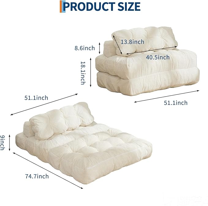 Folding Sofa Bed 3-in-1 Convertible Sleeper Chair with Pillow Double Futon Couch Bed with Back Support Portable Fold Out Chair Bed Comfy Floor Sofa Lounge for Living Room Bedroom Beige