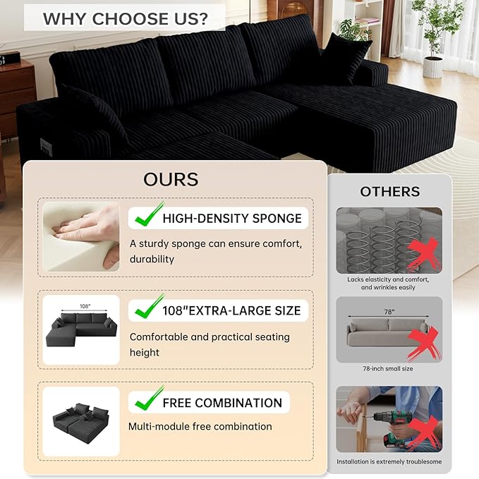 108 U Shaped Sectional Couch with Ottoman Corduroy Modular Sectional Sofa with Deep Seat Modern Modular L-Shape Sofa Couch with ChaiseUpholstered Boneless Couches for Living Room Bedroom