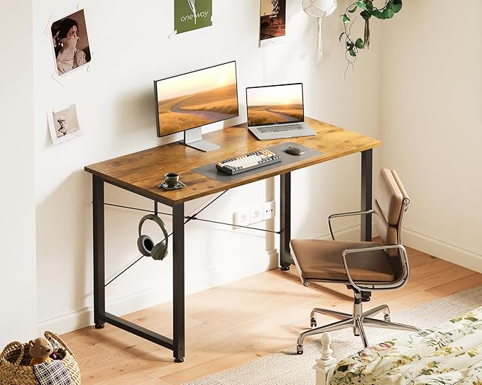 Casaottima 40 Inch Small Computer Desk for Home Office Study Writing Table for Small Spaces Simple Modern Desk with Headphone Hooks Rustic Brown