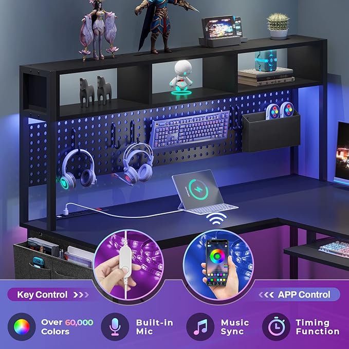 SEDETA L Shaped Gaming Desk Reversible Computer Desk with Power Outlet and Pegboard Gaming Desk with Led Lights Keyboard Tray and Storage Bag for Home Office Black