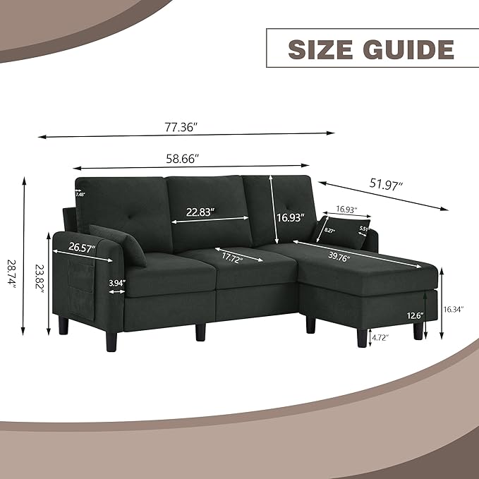 Convertible Sectional Sofa Modern Linen Fabric Sofa Couch with Reversible Chaise 3 Seat L-Shaped Couches for Living RoomOffice Small Apartment Black